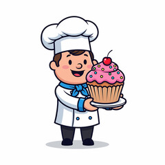 Cartoon Chef Holding a Pink Frosted Cupcake with Cherry Topping.