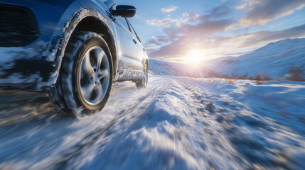 Close-up of tire on snowy road, subtle motion blur showing movement, snow dust rising slightly, sunlight glinting off icy patches, suggesting safe winter driving