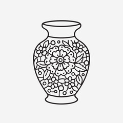 Minimalist vector icon of a handmade ceramic vase with lace design, white background.