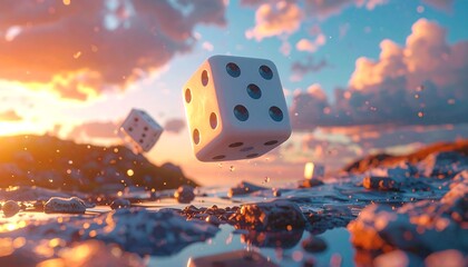 Dice in mid-air at sunset over water
