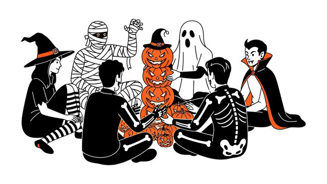 Halloween Gathering: A friendly circle of diverse individuals costumed for Halloween, creatively gathered around a stacked pumpkin creation in an artist illustration of celebration and community