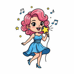 Cartoon Singer with Pink Hair and Star Microphone in Blue Dress.
