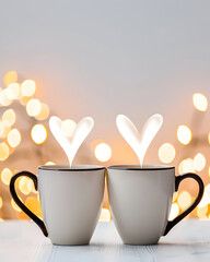 Two steaming mugs create heartwarming love symbols against a bokeh background, perfect for romantic moments and celebrations.