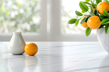 Vibrant oranges on branch with green leaves beside elegant vase on marble table, bright natural window light creating serene atmosphere