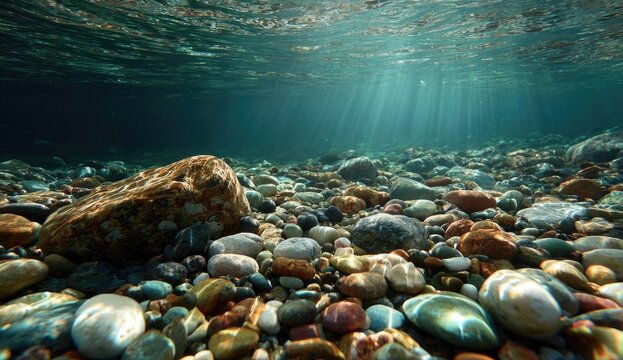 Underwater view of riverbed with rocks and sunlight beams