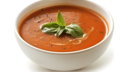 A bowl of tomato soup garnished with fresh basil leaves on a white background in a close up shot
