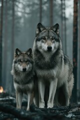Naklejka premium Two wolves stand together in a misty forest after a wildfire at dusk