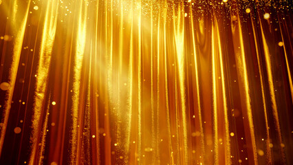 Golden silk stage curtain shimmering glossy under spotlight with falling confetti symbolizing prosperity achievement and celebration 
