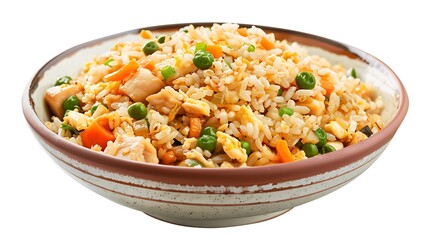 A bowl of chicken fried rice with peas and carrots on a white background in a ceramic bowl