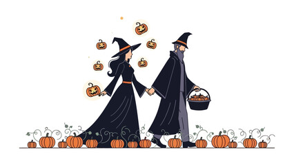 Magical Autumn Walk: A couple dressed in witch attire, stroll hand in hand through a pumpkin patch in an enchanting display, encapsulating the magic of Halloween and autumn.