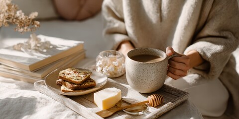 Woman is sitting on a bed with a tray of food and a cup of coffee