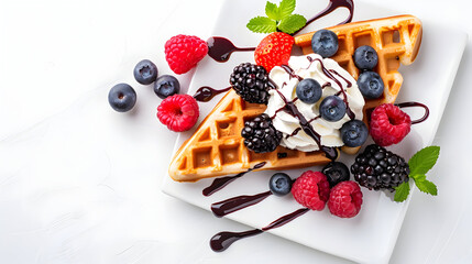 Indulge in a decadent Belgian waffle topped with fluffy cream, fresh berries, and rich chocolate drizzle for a perfect sweet treat.