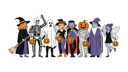 Enchanting Halloween Characters Parade: A whimsical illustration showcasing a diverse group of Halloween characters, dressed in vibrant costumes, parading along a festive journey. 