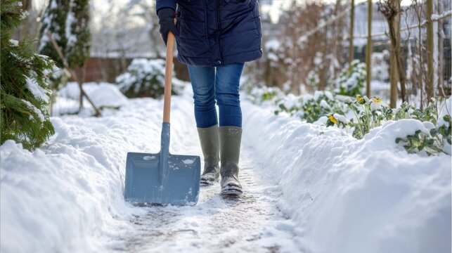 A person using a snow shovel to clear garden paths, snow piles on both sides, boots leaving fresh tracks, winter garden background