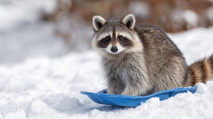 A raccoon sitting on a plastic sled going down a snowy hill, comical expression, action shot