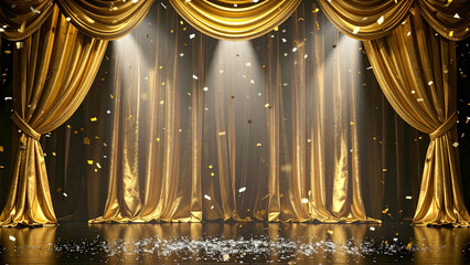 Golden silk stage curtain shimmering glossy under spotlight with falling confetti symbolizing prosperity achievement and celebration 
