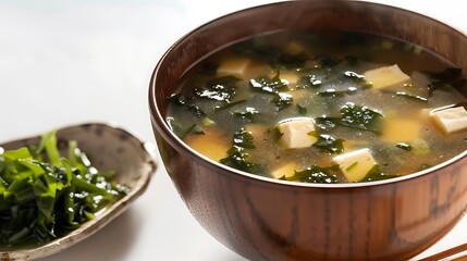 A close up shot of a wooden bowl filled with miso soup with tofu and seaweed on a white surface