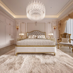 3D Render of Luxury Neo-Classical Hotel Room, Bedroom