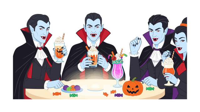 Vampires Enjoying Halloween Drinks: An illustrated gathering of vampires indulging in festive drinks, decorated with candy and pumpkin, embodying the playful spirit of Halloween.