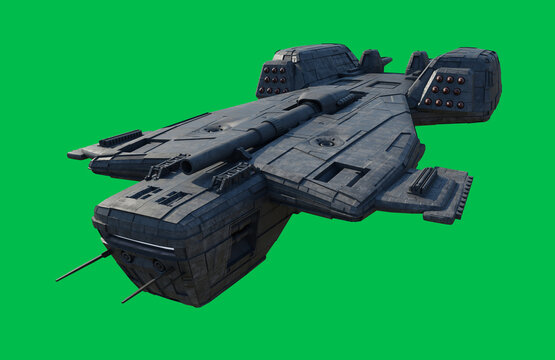 Interstellar Missile Cruiser Space Ship on a Green Screen Background - Front View, 3d digitally rendered science fiction illustration