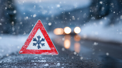 Road hazard concept, close-up of snow sign, blurred approaching car lights, snow-covered landscape around, icy reflections on asphalt, soft cold light emphasizing caution
