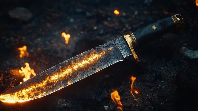 A large combat knife engulfed in bright orange flames.