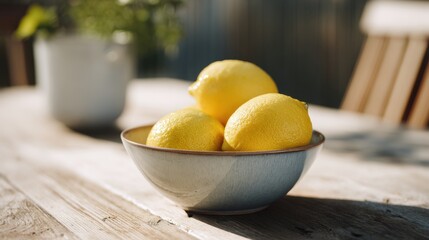 fresh lemons in ceramic bowl on rustic wooden table, bright natural sunlight, detailed textures, cinematic warmth