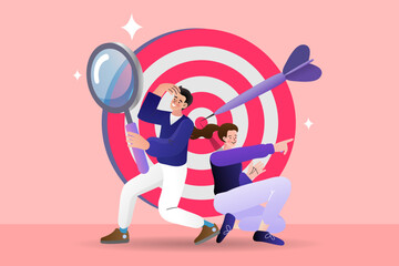 Business strategy and teamwork concept. A team analyzes a target with a magnifying glass and points the way, representing market research, a clear goal, and successful achievement of an objective.