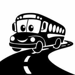 Cute cartoon school bus vector illustration on winding road for kids silhouette white background