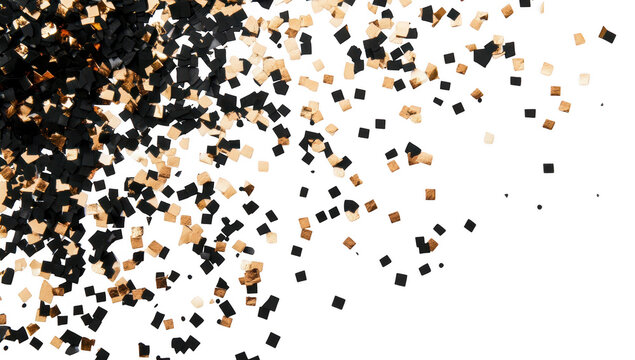 A scattering of black and gold confetti on a white background. ideal for celebrations. parties. or festive events. creating a joyful and festive atmosphere