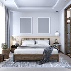 3D Render of Modern Bedroom, Hotel Room