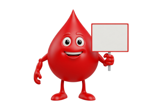 Smiling 3D Red Blood Drop Character Holding Blank Sign. Health, Blood Donation, Medical Awareness & Your Message Placeholder. Isolated on White. - Powered by Adobe