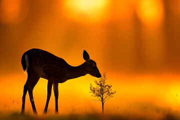Majestic young deer silhouetted against a vibrant golden sunset, gently interacting with a delicate sapling in a serene meadow, evoking peace and natural beauty.