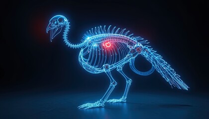 Fototapeta premium Striking neon turkey skeleton art for modern medical illustration or Thanksgiving promotion, showcasing anatomical details with vibrant blue and red glow
