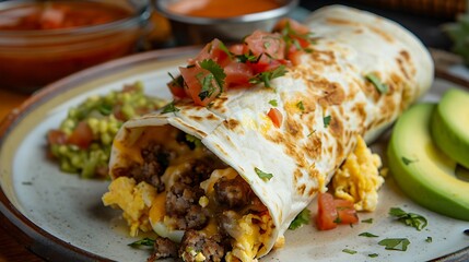 A breakfast burrito with guacamole avocado and tomato salsa on a rustic plate ready to be eaten