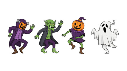 Halloween Characters Parade: A cheerful collection of whimsical characters ready to celebrate the season of fright. Depicting spooky fun and festive Halloween figures, showcasing monsters, goblins.