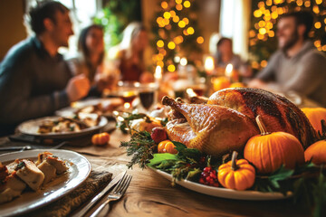 Thanksgiving festive dinner with turkey on the table, decorated with autumn pumpkins and happy people eating and celebrating holiday together 