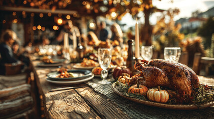Thanksgiving festive dinner with turkey on the table outdoors, decorated with autumn pumpkins and happy people eating and celebrating holiday together 