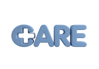 3D Blue 'CARE' Text with Medical Cross Symbol - Healthcare, Support, and Well-being Concept on White