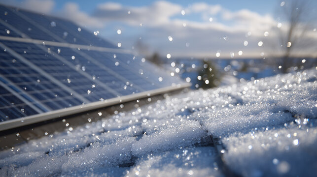 Partially snow-covered rooftop with solar panels glistening under winter sun, snow sparkling around edges, subtle frost crystals visible on roof shingles - Powered by Adobe
