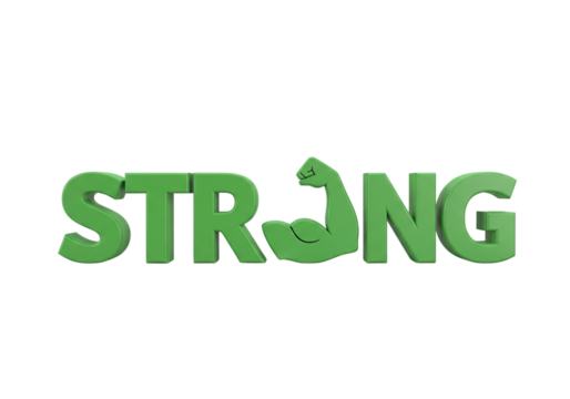 Green 3D STRONG Word with Flexing Bicep - Strength, Power, and Fitness Concept