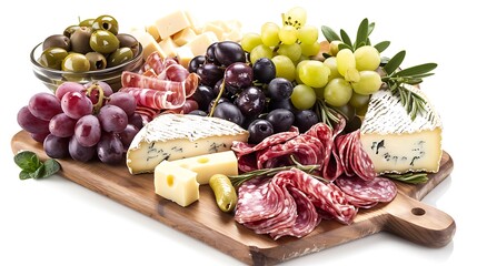 A wooden board filled with grapes cheese olives and salami on a white surface studio shot food photography