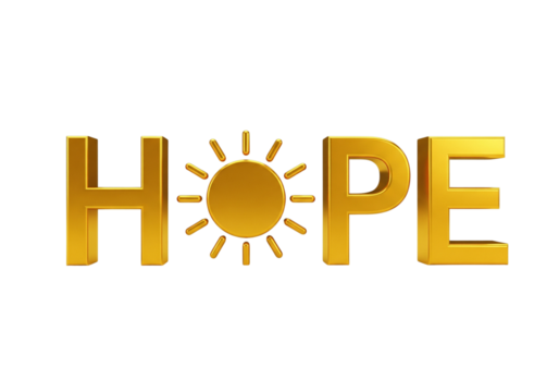 Shining Golden HOPE Word with Sun Icon - Symbol of Optimism, Bright Future, and New Beginnings in 3D Render