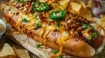 Close up of a chili cheese dog with jalapeños and green onions served with tortilla chips