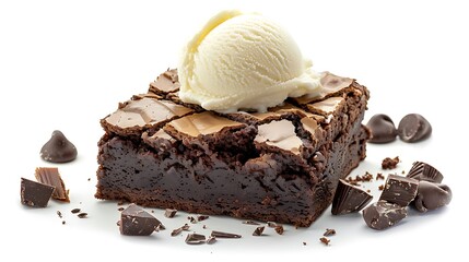 A decadent chocolate brownie topped with a scoop of vanilla ice cream and chocolate chips isolated