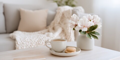 White coffee cup with a cookie on a plate sits on a table
