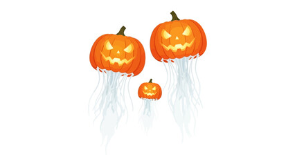 Halloween Pumpkin Jellyfish: A whimsical illustration showcasing a trio of spooky, glowing jack-o'-lanterns transformed into ethereal jellyfish.