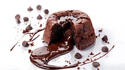 A chocolate lava cake with molten center and chocolate chips scattered on a white surface around it