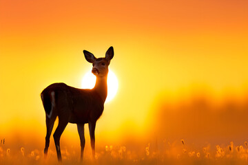 Majestic deer silhouetted against a vibrant, sun drenched sky, evoking wilderness serenity and breathtaking natural beauty at dawn.