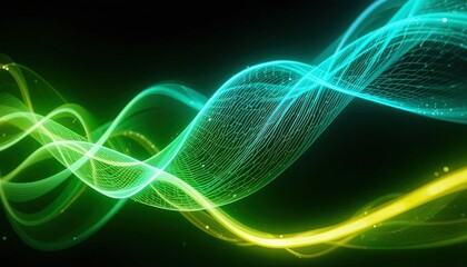 Electrifying green and blue waves flow across a dark backdrop, perfect for cutting-edge tech presentations or innovative digital marketing campaigns